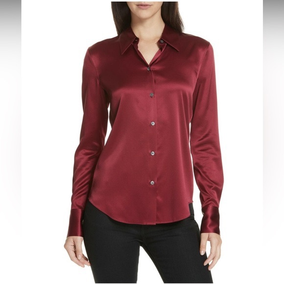 Theory Tops - NWT Theory Perfect Fitted 2 Stretch Satin Blouse, Deep Mulberry